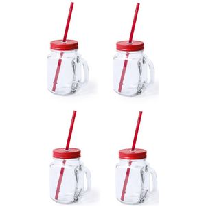 8x stuks Glazen Mason Jar drinkbekers rode dop en rietje 500 ml - afsluitbaar/niet lekken/fruit shakes