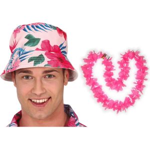 Tropische Hawaii party verkleedset - bucket hoedje - met bloemenslinger roze - volwassenen