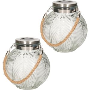 2x stuks transparante solar lantaarn van gestreept glas rond 16 cm - Tuinlantaarns - Solarverlichting - Tuinverlichting