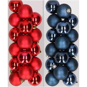32x stuks kunststof kerstballen mix van rood en donkerblauw 4 cm - Kerstversiering
