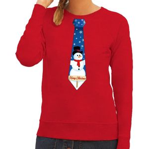 Foute kersttrui / sweater stropdas met sneeuwpop print rood voor dames