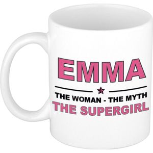 Naam cadeau Emma - The woman, The myth the supergirl koffie mok / beker 300 ml - naam/namen mokken - Cadeau voor o.a  verjaardag/ moederdag/ pensioen/ geslaagd/ bedankt