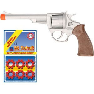 Cowboy/politie speelgoed revolver/pistool - metaal - voor 8 schots ringen plaffertjes - 96 shots in de set