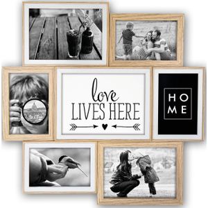 Multi fotolijst met houten frame naturel/wit met 7 lijstjes geschikt voor diverse maten foto