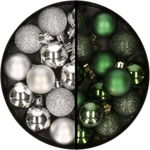 Kerstballen 34x st - 3 cm - zilver en donkergroen - kunststof