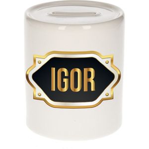 Igor naam cadeau spaarpot met gouden embleem - kado verjaardag/ vaderdag/ pensioen/ geslaagd/ bedankt