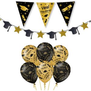 Paperdreams Geslaagd thema party versiering set You did it - Vlaggenlijn/slinger/12x ballonnen