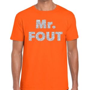 Mr. Fout zilveren glitter tekst t-shirt oranje heren - Foute party kleding