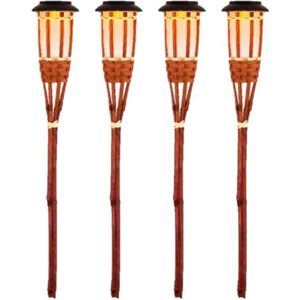 4x Oranje buiten/tuin Led fakkel Bodi solar verlichting bamboe 54 cm vlam - Tuinfakkel - Tuinlampen - Lampen op zonne-energie