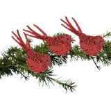 3x Kerstboomversiering glitter rode vogeltjes op clip 12 cm - Kerstboom decoratie vogeltjes