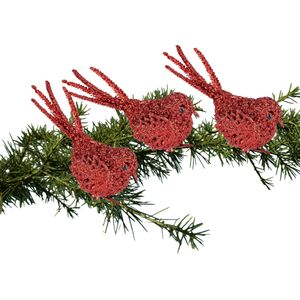 3x Kerstboomversiering glitter rode vogeltjes op clip 12 cm - Kerstboom decoratie vogeltjes