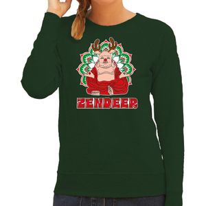 Bellatio Decorations foute Kersttrui/sweater voor dames - zendeer buddha - groen - rendier - boeddha