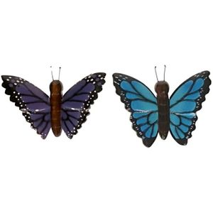 2x Houten dieren magneten blauwe en paarse vlinder