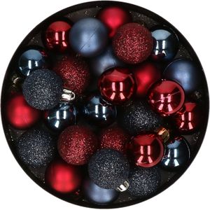28x stuks kunststof kerstballen donkerrood en donkerblauw mix 3 cm - Kerstboomversiering