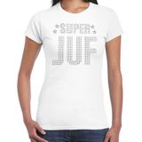 Glitter Super Juf t-shirt wit met steentjes/ rhinestones voor dames - Lerares cadeau shirts - Glitter kleding/foute party outfit