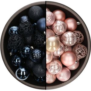 Bellatio Decorations Kerstballen mix - 74-delig - donkerblauw en lichtroze - 6 cm - kunststof
