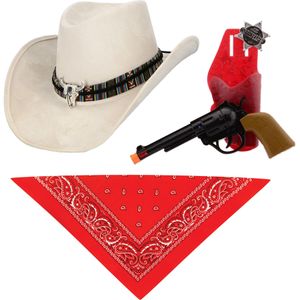 Carnaval verkleedset luxe model cowboyhoed Rodeo - creme wit - hals zakdoek/revolver - voor volwassen