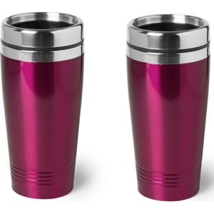 3x stuks warmhoudbeker/warm houd beker metallic fuchsia roze 450 ml - RVS Isoleerbeker/thermosbekers reisbekers voor onderweg