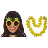 Tropische Hawaii party verkleed accessoires set - Ananas zonnebril - en bloemenkrans geel - voor dames