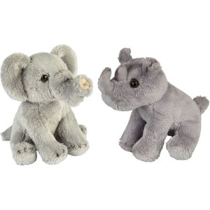 Ravensden - Safari dieren knuffels - 2x stuks - Olifant en Neushoorn - 15 cm