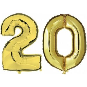 20 jaar gouden folie ballonnen 88 cm leeftijd/cijfer - Leeftijdsartikelen 20e verjaardag versiering - Heliumballonnen