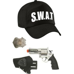 Politie/SWAT team verkleed cap/pet blauw met pistool/holster/badge voor kinderen
