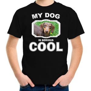 Teckel honden t-shirt my dog is serious cool zwart - kinderen - Teckels liefhebber cadeau shirt - kinderkleding / kleding