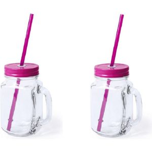 2x stuks Glazen Mason Jar drinkbekers roze dop en rietje 500 ml - afsluitbaar/niet lekken/fruit shakes