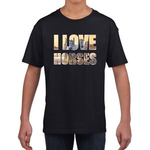 I love horses / paarden t-shirt zwart kids - paarden dieren t-shirt / kleding - cadeau t-shirt / paarden shirts voor paardenmeisjes / jongens - kinderkleding / kleding