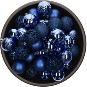 37x stuks kunststof/plastic kerstballen kobalt blauw 6 cm mix - Onbreekbaar - Kerstversiering/kerstboomversiering