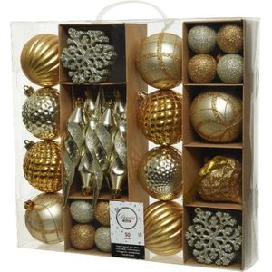 50x Goud/champagne kerstballen en figuur hangers 4-8-15 cm - Glans en glitter - Mix - Onbreekbare plastic kerstballen - Kerstboomversiering goud