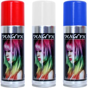 Set 3x kleuren haarverf/haarspray 125 ml - Blauw-wit-rood - Vlag kleuren van Frankrijk/france