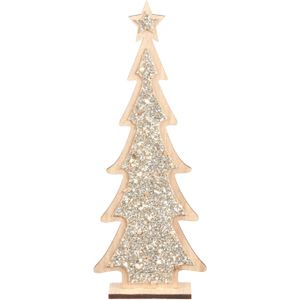 Kerstdecoratie houten kerstboom glitter zilver 35,5 cm  - Vensterbank kerstdecoratie houten kerstbomen