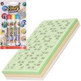 100x Bingokaarten nummers 1-90 inclusief 3x bingo stiften blauw/geel/rood