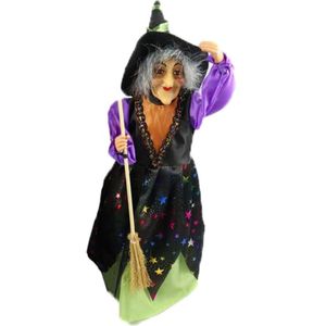 Creation decoratie heksen pop - staand - 35 cm - zwart/groen - Halloween versiering