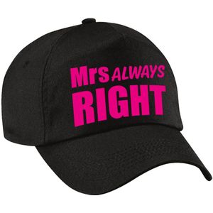 Mrs Always right pet / cap zwart met roze letters voor dames - verkleedpet / feestpet - vrijgezellenfeest
