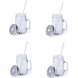 4x stuks Glazen Mason Jar drinkbekers zilvergrijze dop en rietje 500 ml - afsluitbaar/niet lekken/fruit shakes