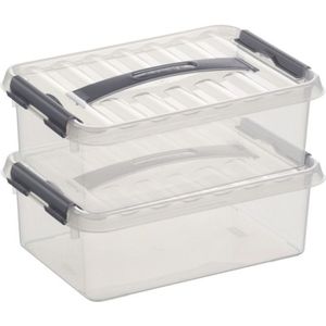 2x Sunware Q-Line opberg boxen/opbergdozen 4 liter 30 cm kunststof - Opslagbox - Opbergbak kunststof transparant/zilver