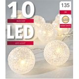 Set van 2x stuks lichtsnoer met 10 witte glitter bolletjes warm wit op batterij 135 cm - Kerstverlichting