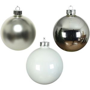 49x stuks glazen kerstballen wit en zilver 6 cm glans en mat - Kerstboomversiering
