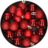 20x stuks kleine kunststof kerstballen rood 3 cm mat/glans/glitter - Onbreekbare plastic kerstballen - Kerstversiering