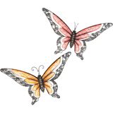 Anna Collection Wanddecoratie vlinders - 2x - oranje/rood - 49 x 28 cm - metaal - muurdecoratie - tuin beelden