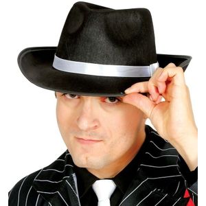 Zwarte trilby hoed/gleufhoed met wit lint- Gangster/Maffia thema verkleedkleding voor volwassenen