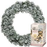 Decoris Kerstkrans - groen met sneeuw - D35 cm - incl. verlichting warm wit