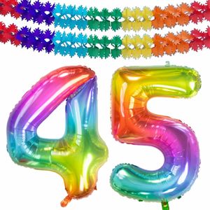 Folat folie ballonnen - Leeftijd cijfer 45 - glimmend multi-kleuren - 86 cm - en 2x slingers
