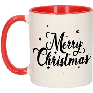 Kerstmok rood Merry Christmas met sterren - 300 ml - keramiek - koffiemok / theebeker - Kerstmis - kerstcadeau / kerstpakket