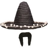 Carnaval verkleed set - Mexicaanse sombrero hoed dia 45 cm met plaksnor - zwart - heren