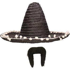 Carnaval verkleed set - Mexicaanse sombrero hoed dia 45 cm met plaksnor - zwart - heren