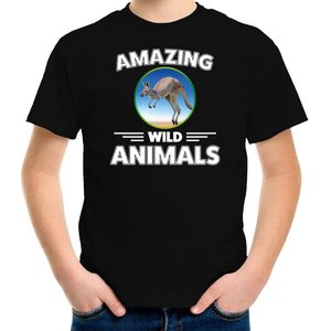 T-shirt kangoeroe - zwart - kinderen - amazing wild animals - cadeau shirt kangoeroe / kangoeroes liefhebber