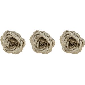 3x stuks decoratie bloemen roos champagne glitter op clip 18 cm - Decoratiebloemen/kerstboomversiering